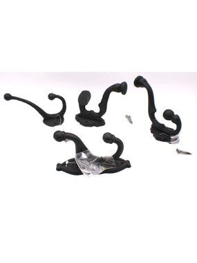Set of 4 Black Cast Iron Wall Hooks Mounting Screws Inc. New Victorian Ranch Vtg